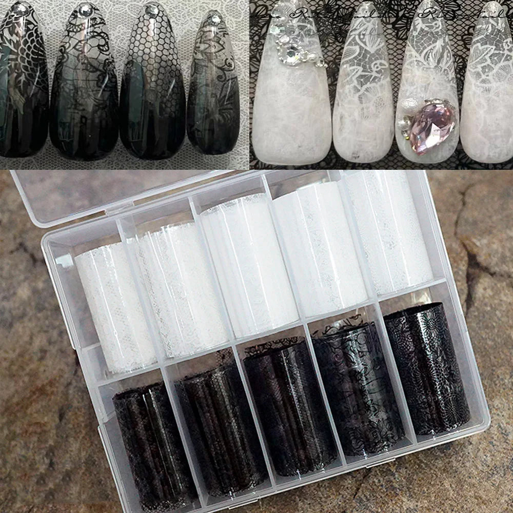 Lace Nail Foil Transfer Wraps — Elegant Black & White Nail Art Set | 10 Rolls