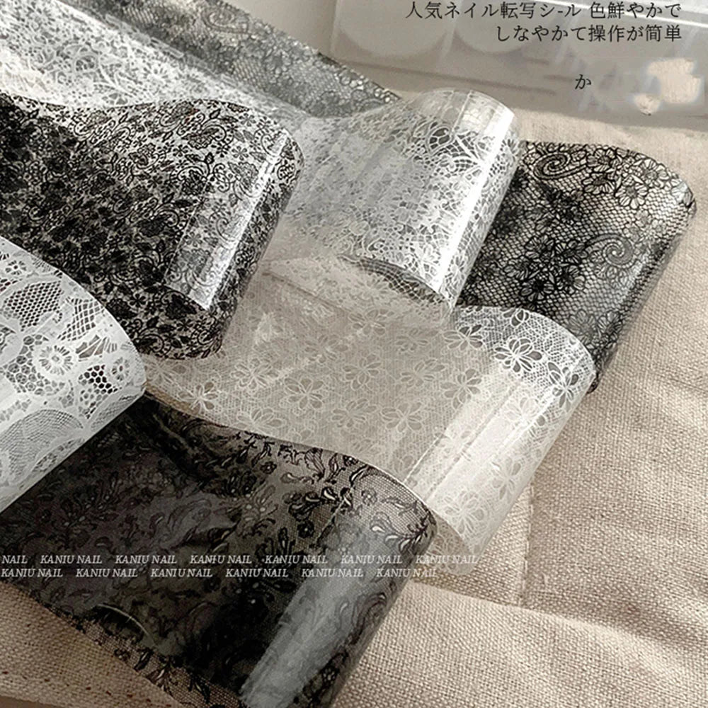 Lace Nail Foil Transfer Wraps — Elegant Black & White Nail Art Set | 10 Rolls