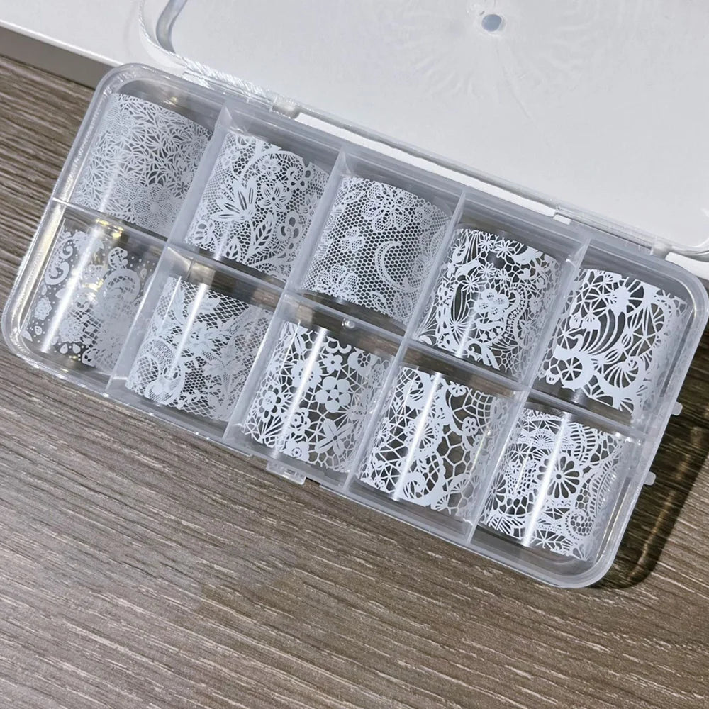 Lace Nail Foil Transfer Wraps — Elegant Black & White Nail Art Set | 10 Rolls