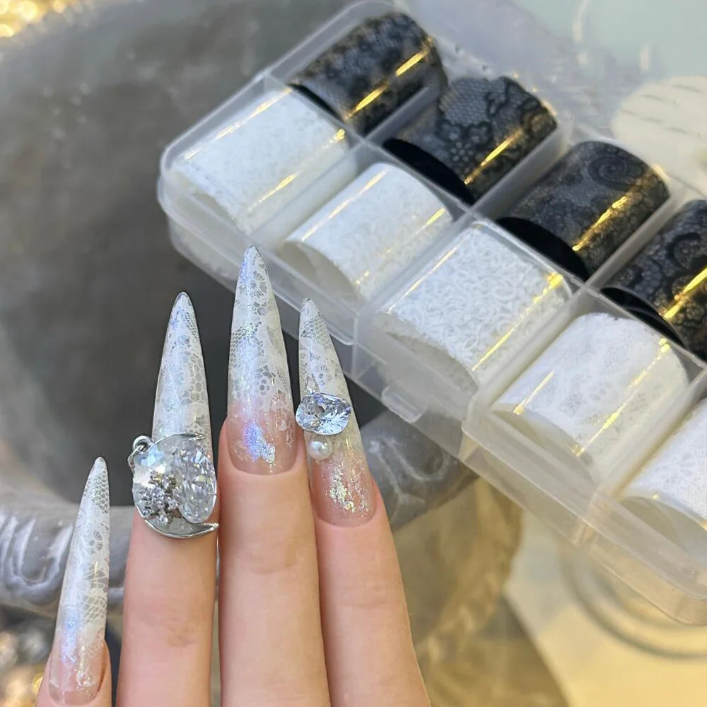 Lace Nail Foil Transfer Wraps — Elegant Black & White Nail Art Set | 10 Rolls