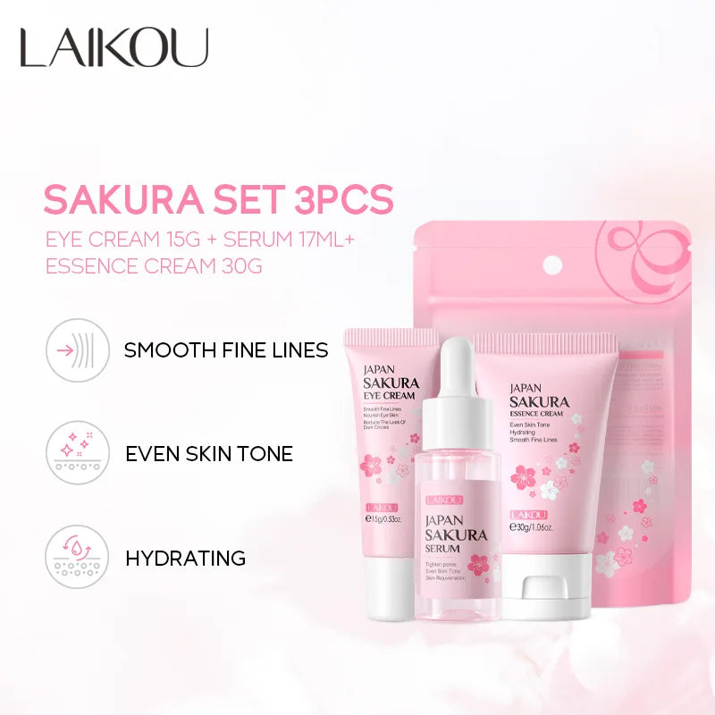 LAIKOU ビタミンC×桜 スキンケア3点セット フェイスクリーム・セラム・アイクリーム 24Kゴールド配合 抗シワ 保湿