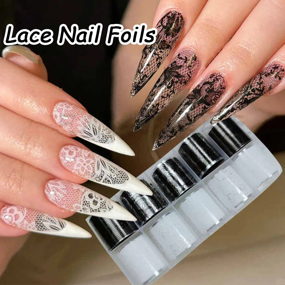 Lace Nail Foil Transfer Wraps — Elegant Black & White Nail Art Set | 10 Rolls
